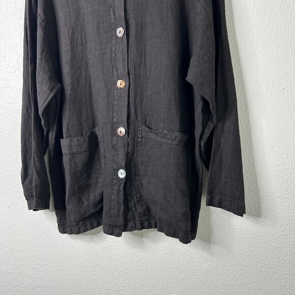 C.C. Collection Linen Button Up Shirt Jacket Black Long Sleeve Pockets Size L - Picture 3 of 7